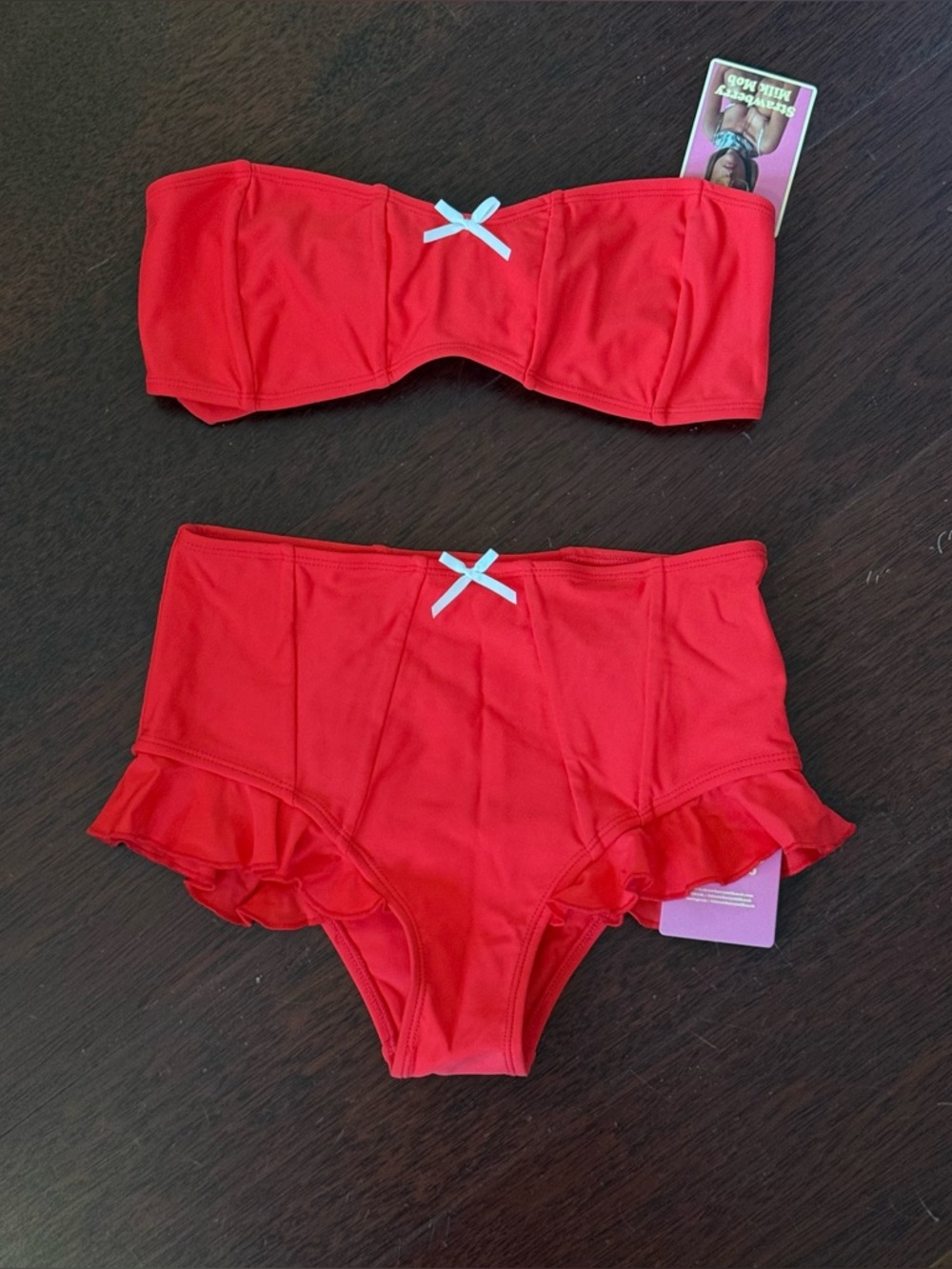 Strawberry Milk Mob Red Bandeau Two-Piece with Ruffle High-Waist Bottom